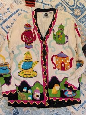 Storybook Knits Cream Multi Teapot Knit Cardigan